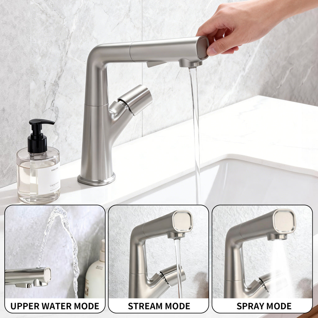 IJDD Pull Out Faucet for Kitchen & Bathroom Countertops, Brushed Nickel