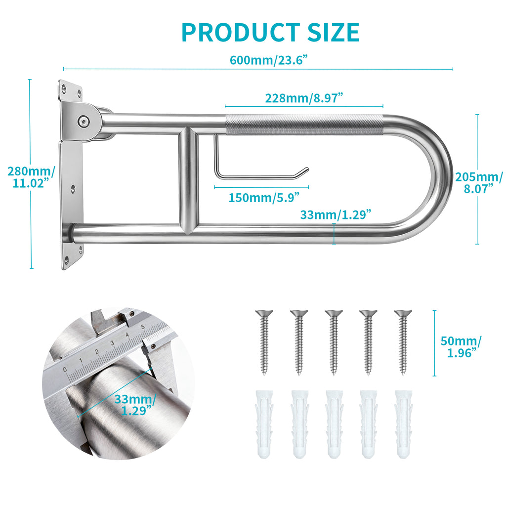 Flip-Up Toilet Grab Bar with Paper Holder, Wall Mounted