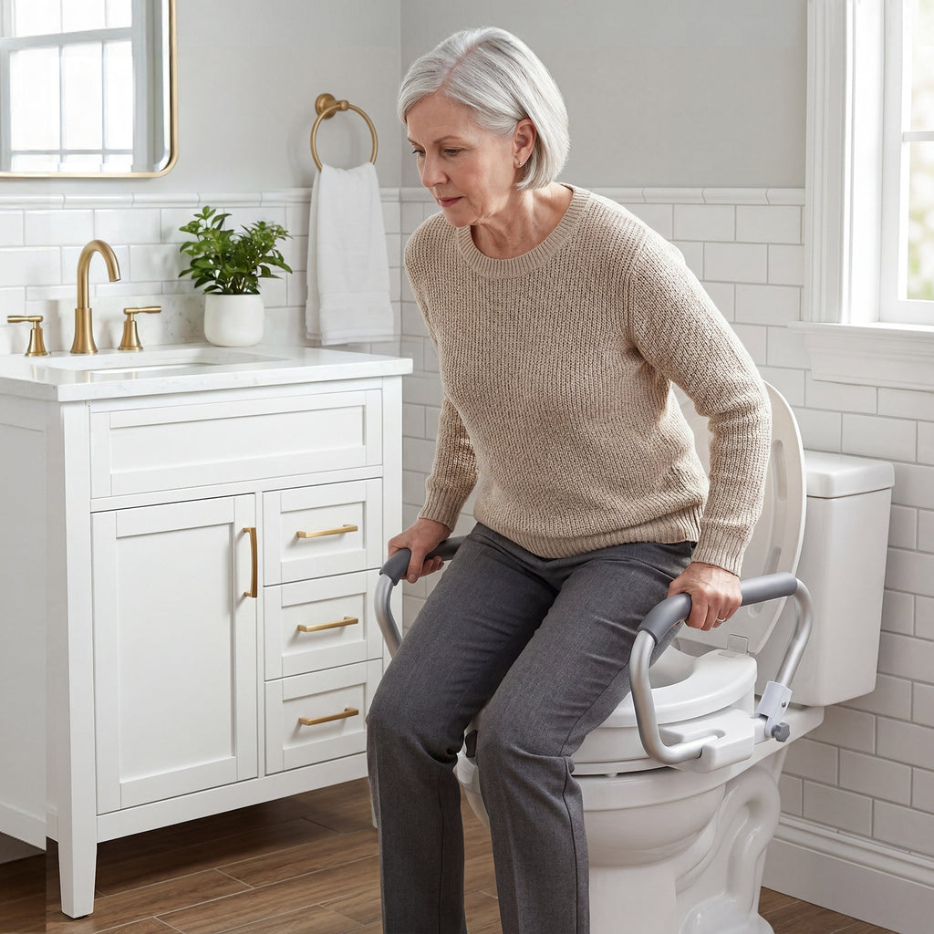 2-in-1 Toilet Seat Riser with Lid and Flip-Up Padded Arms