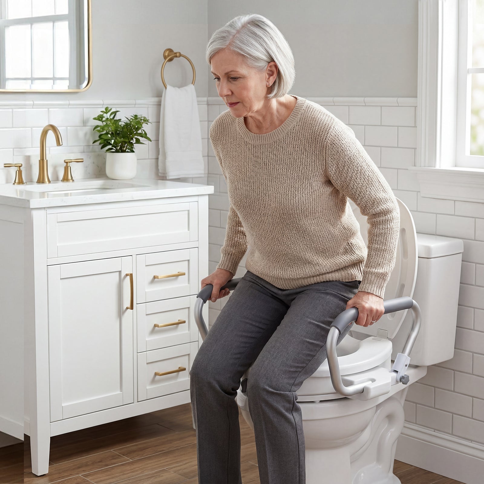 2-in-1 Toilet Seat Riser with Lid and Flip-Up Padded Arms