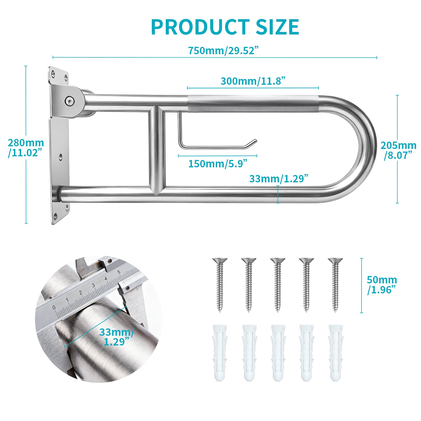 Flip-Up Toilet Grab Bar with Paper Holder, Wall Mounted