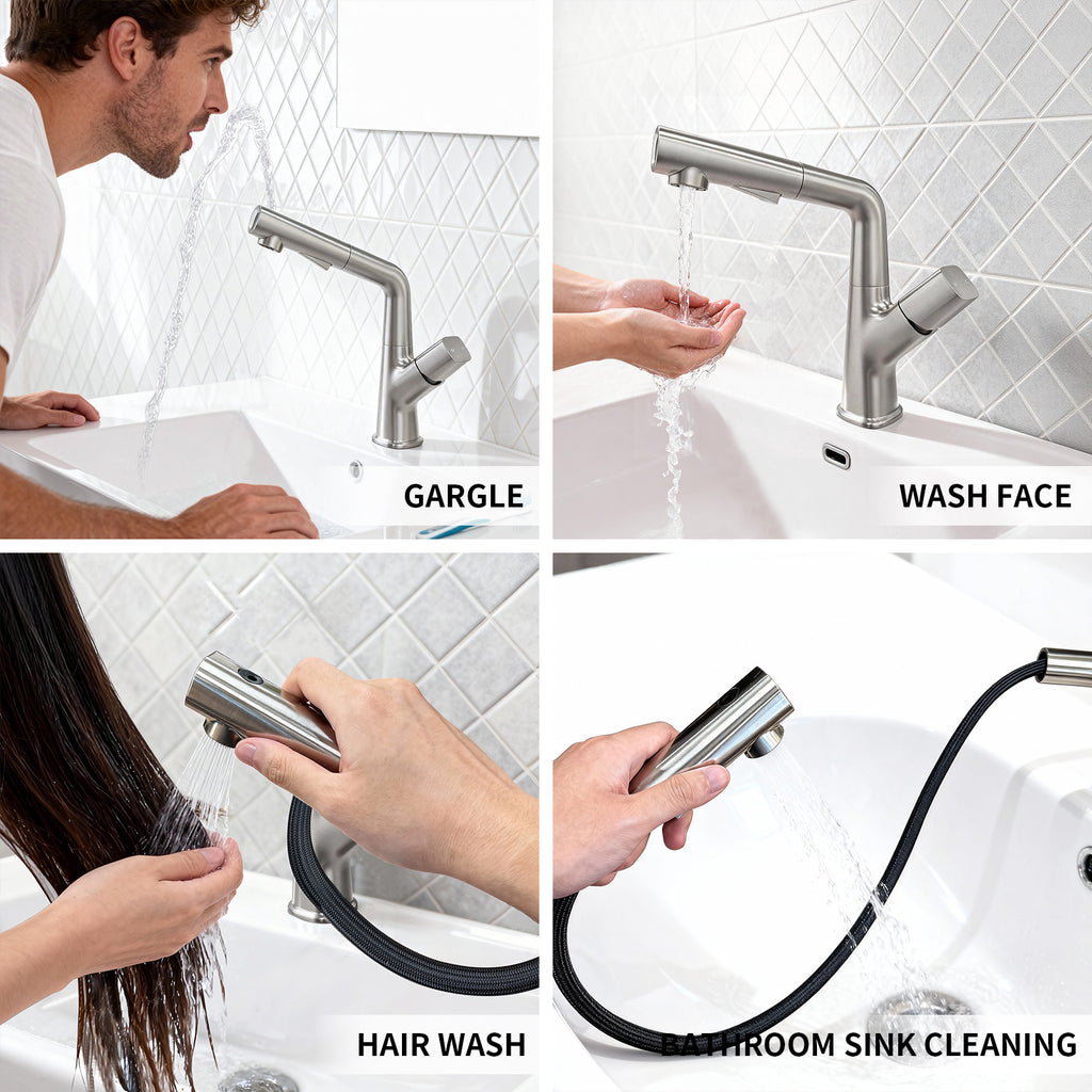 IJDD Pull Out Faucet for Kitchen & Bathroom Countertops, Brushed Nickel