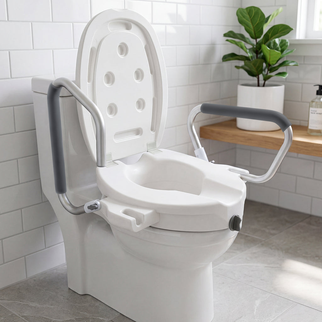 2-in-1 Toilet Seat Riser with Lid and Flip-Up Padded Arms