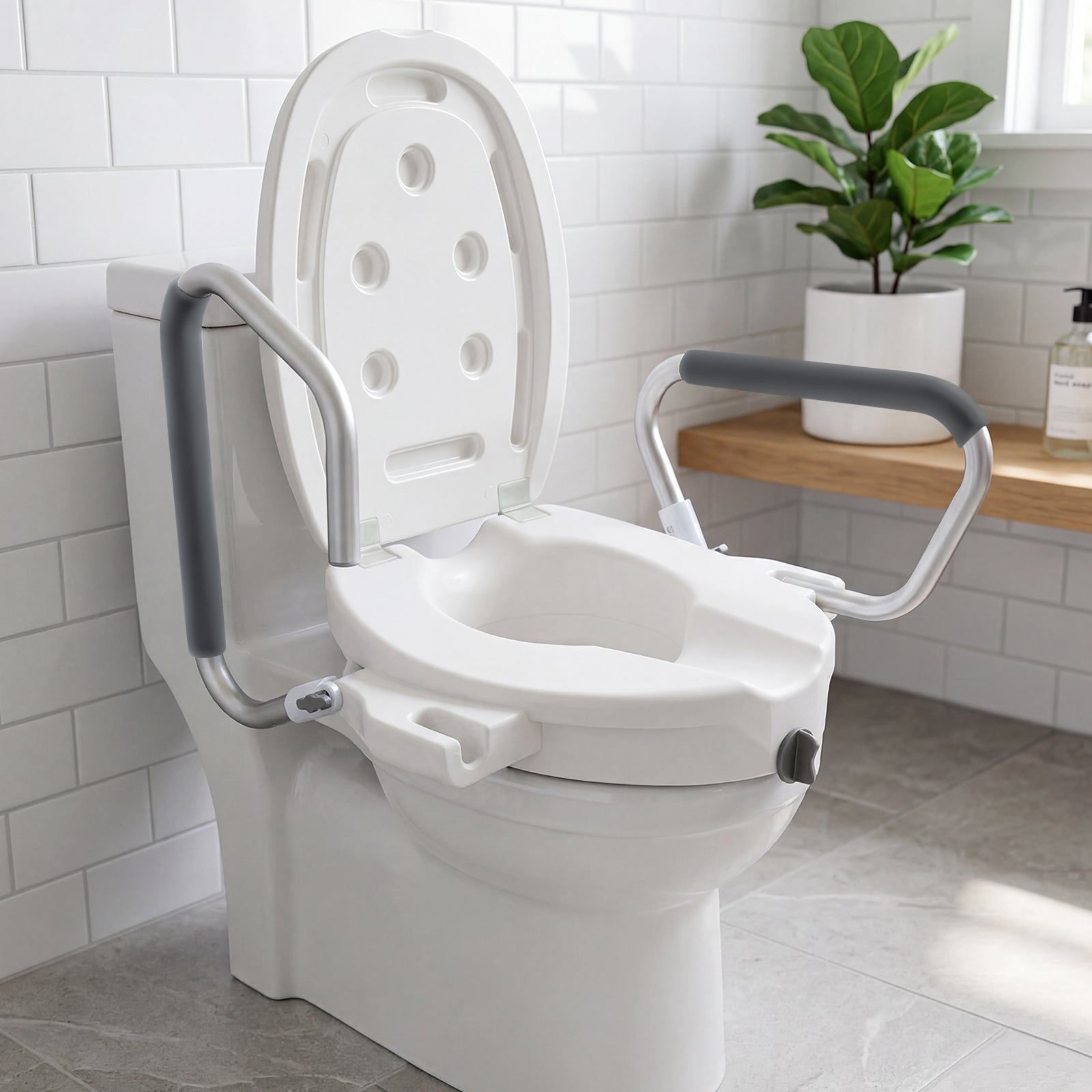 2-in-1 Toilet Seat Riser with Lid and Flip-Up Padded Arms