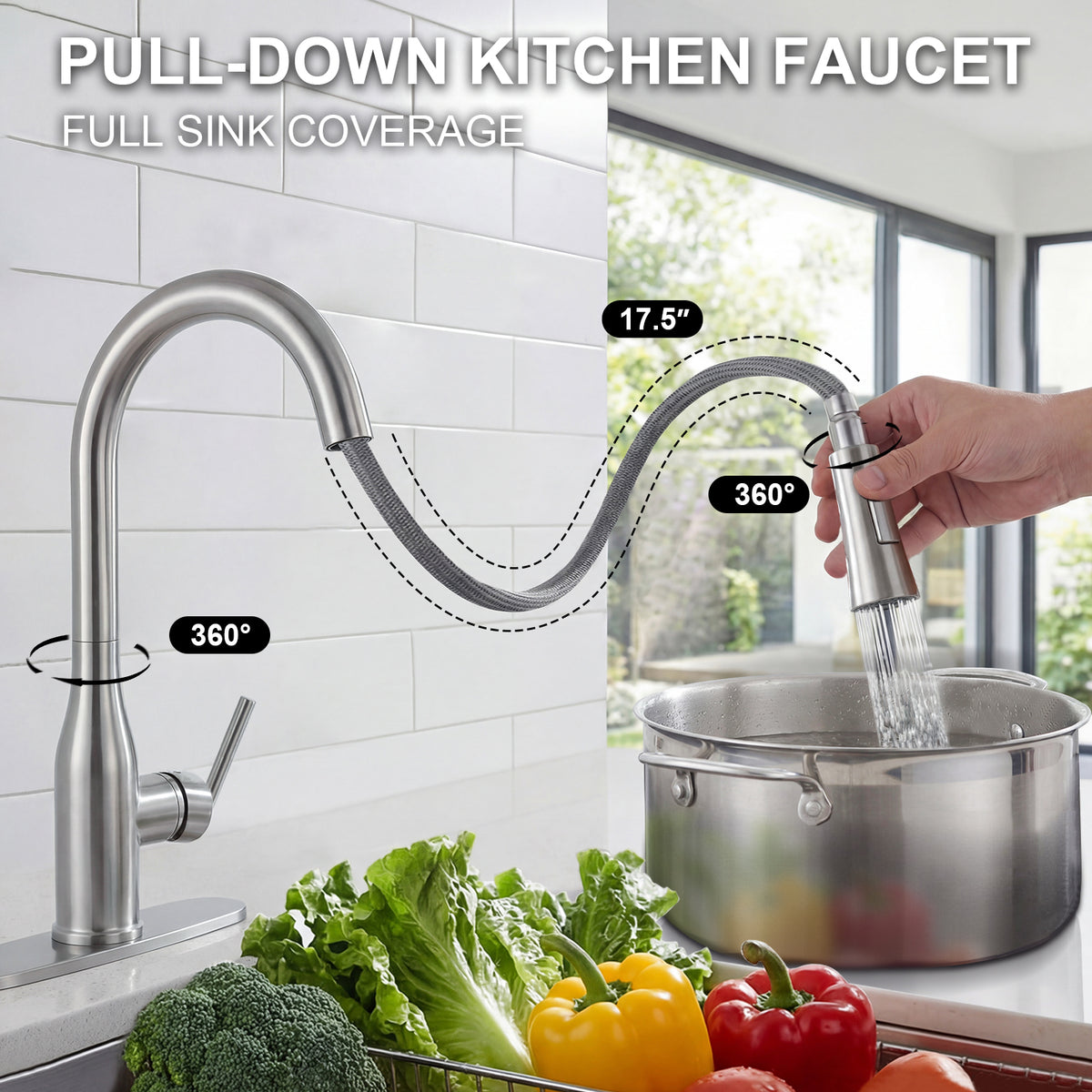 IJDD Pull Down Kitchen Faucet for Home Kitchens, Brushed Nickel