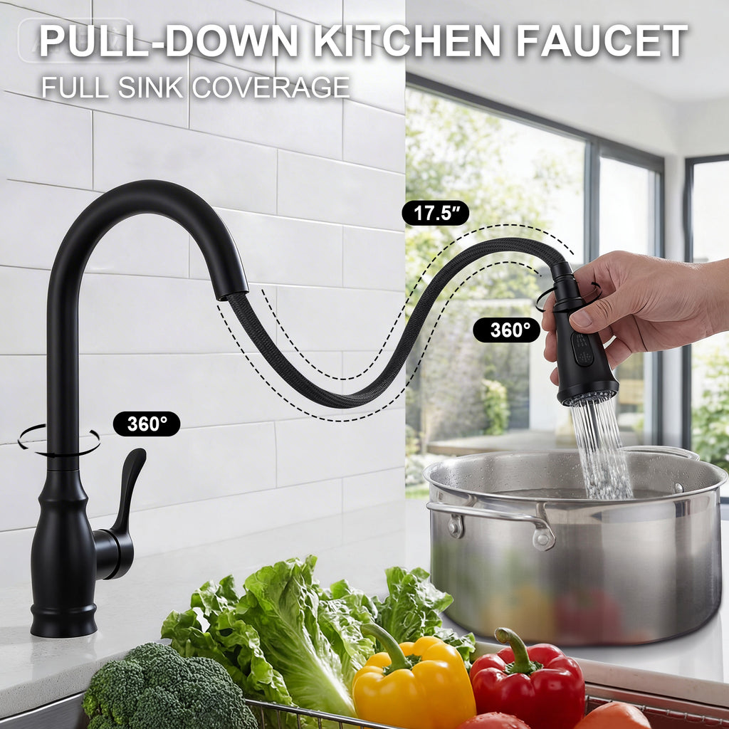 IJDD Pull Down Kitchen Faucet for Home Kitchens, Matte Black