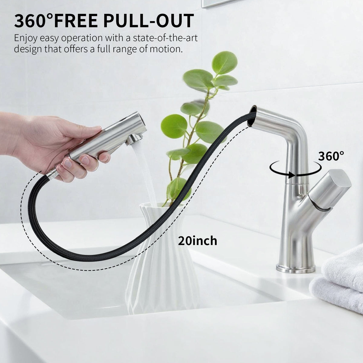 IJDD Pull Out Faucet for Kitchen & Bathroom Countertops, Brushed Nickel