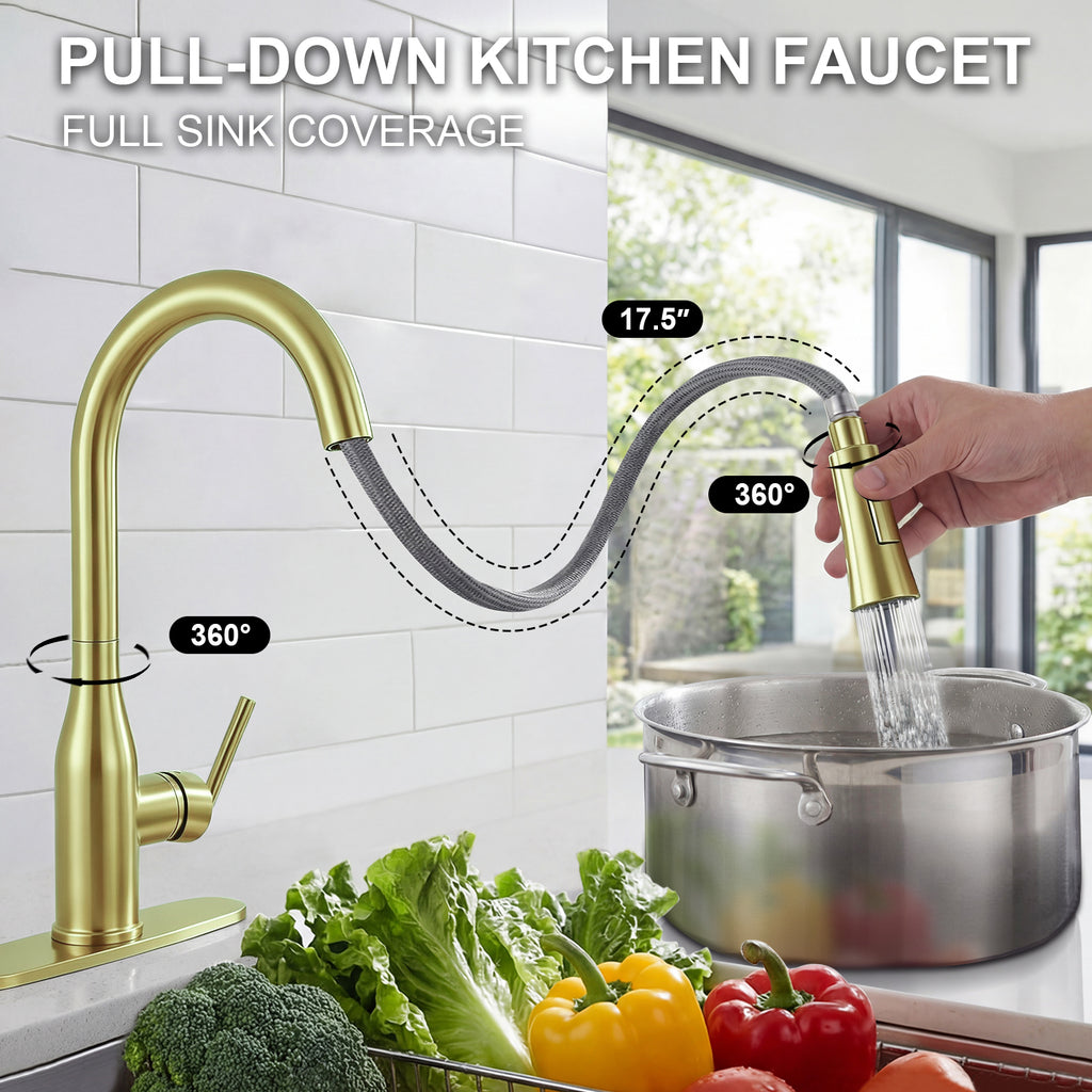 IJDD Pull Down Kitchen Faucet for Home Kitchens, Brushed Nickel