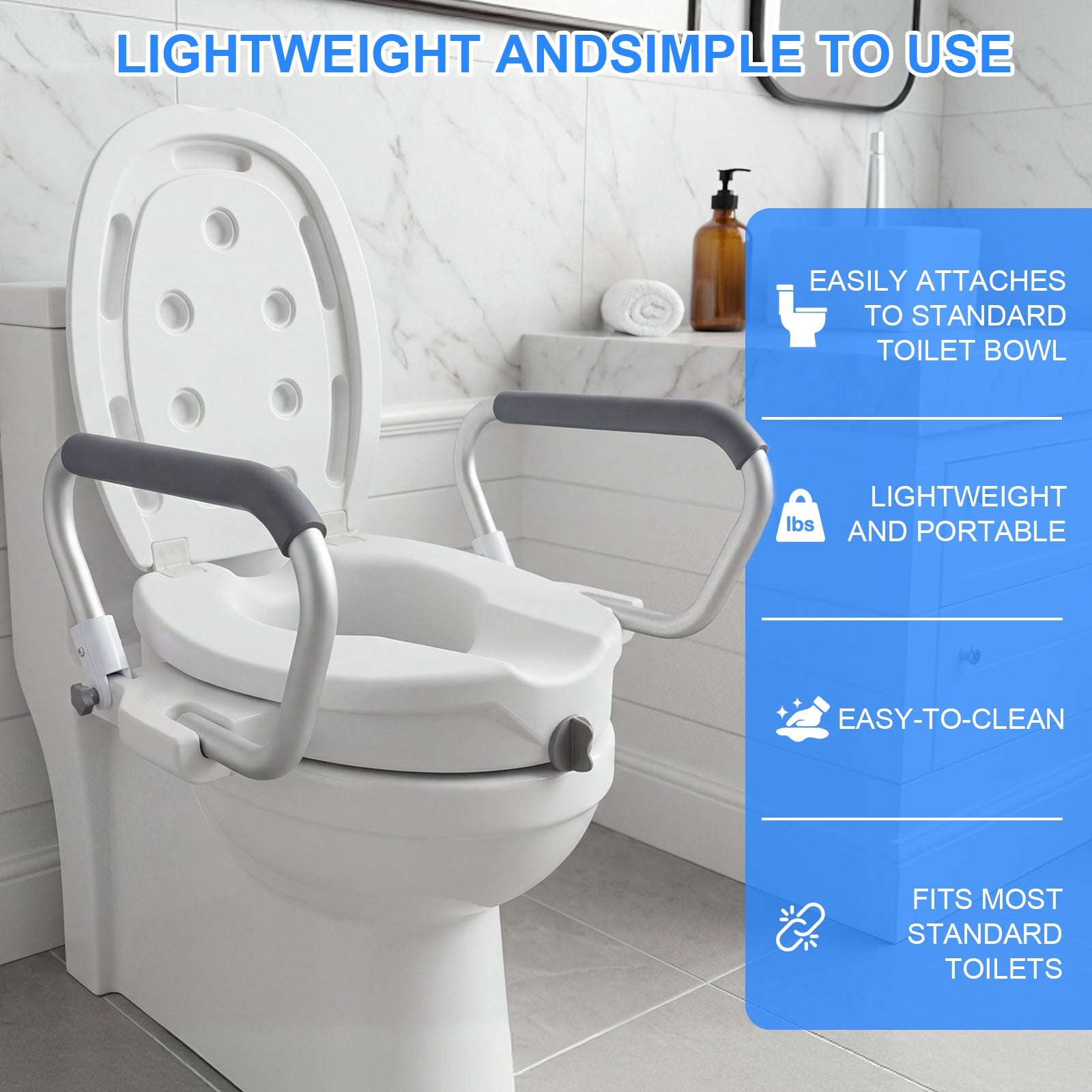 2-in-1 Toilet Seat Riser with Lid and Flip-Up Padded Arms