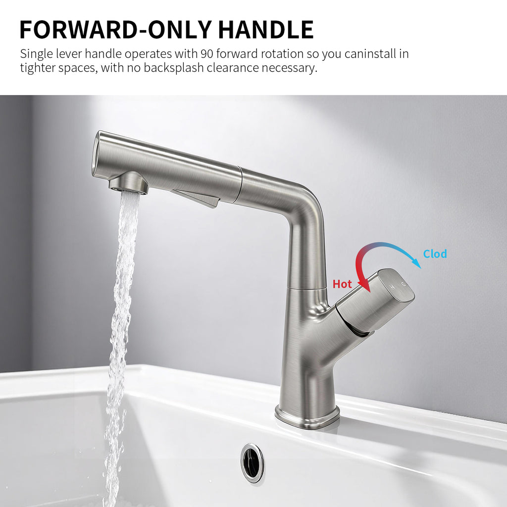IJDD Pull Out Faucet for Kitchen & Bathroom Countertops, Brushed Nickel
