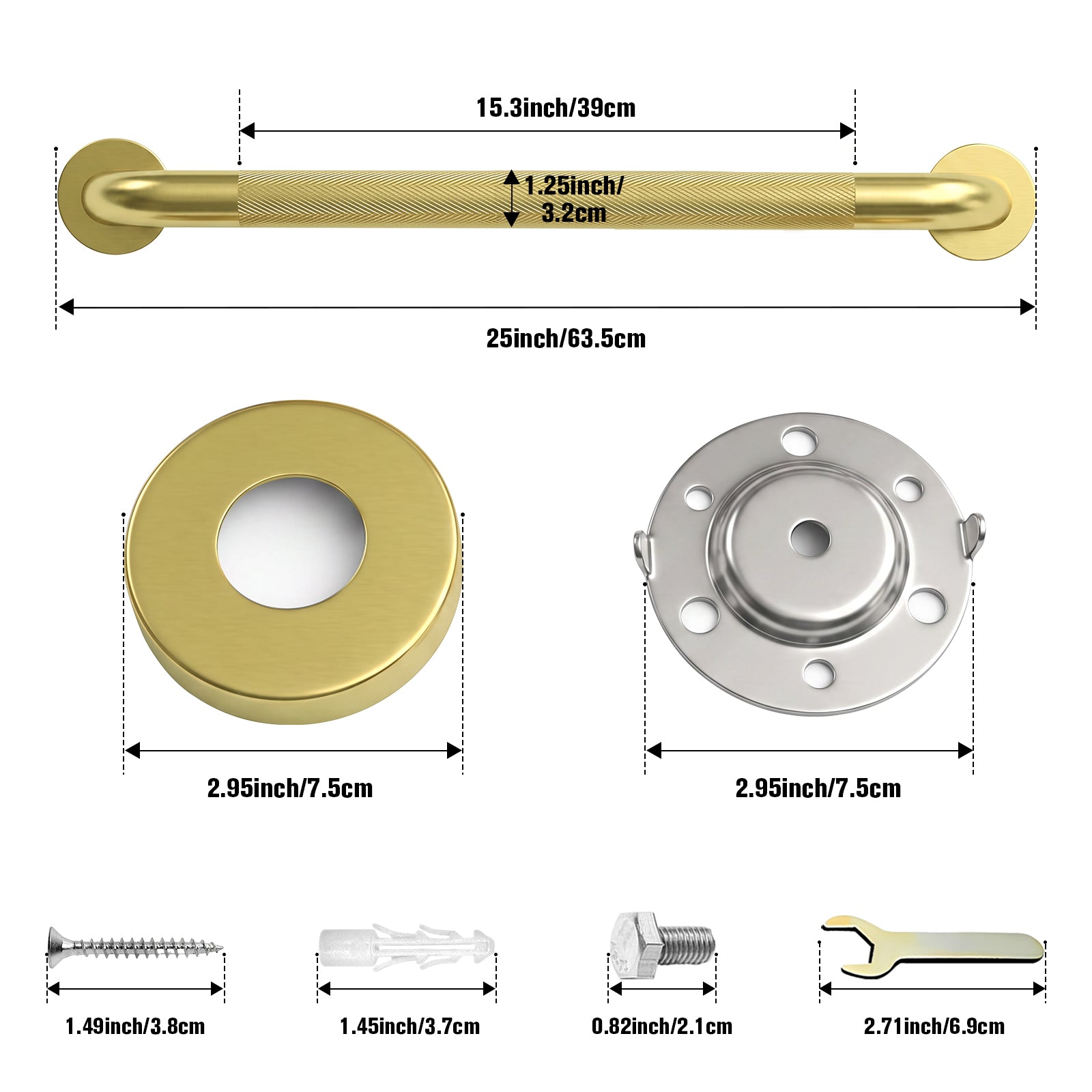 2 Pack 1.25'' Gold Bathroom Grab Bars ADA Comliant