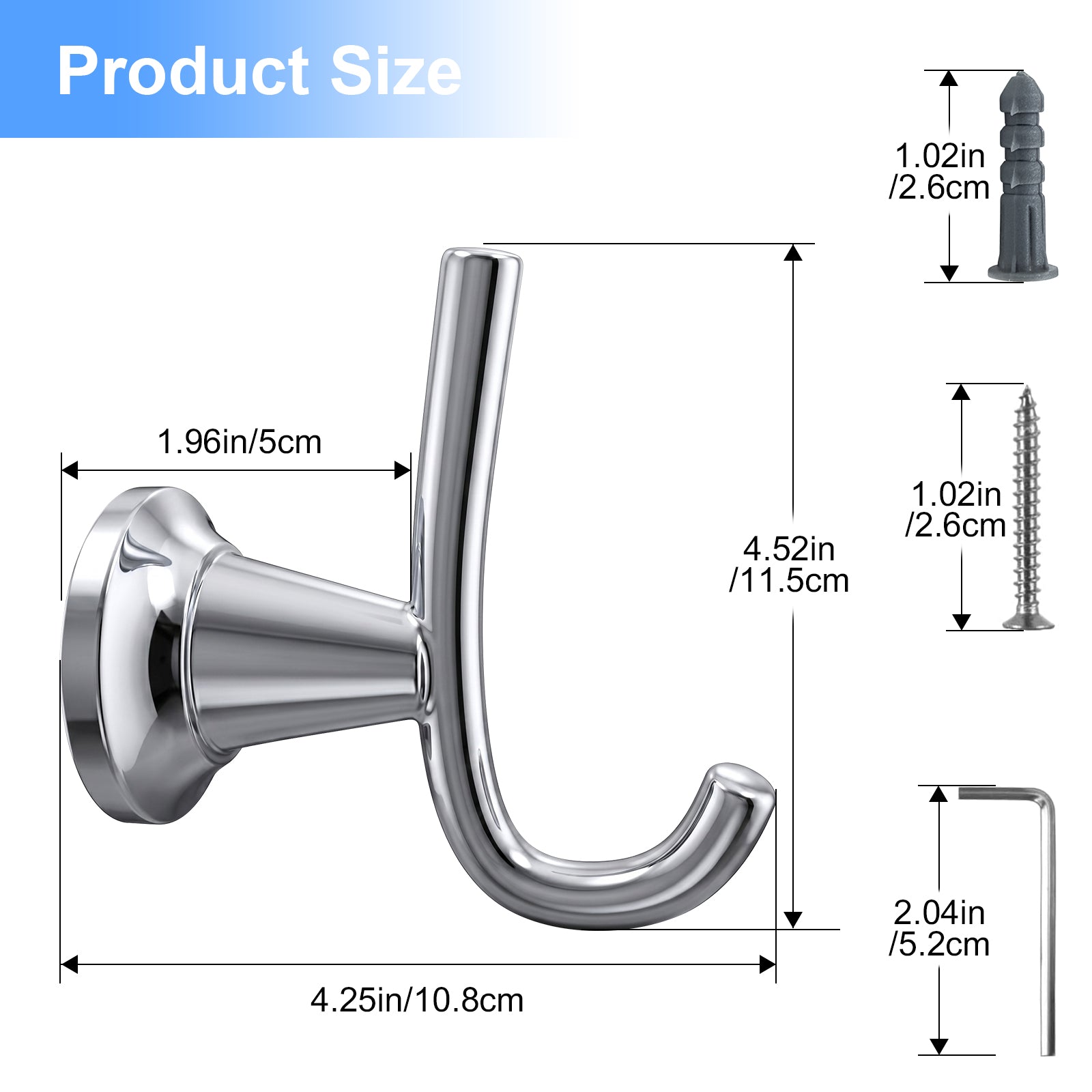 Wall Mounted Coat Hook, Bathroom Robe Hook for Towels and Clothing, Metal Utility Hook for Closet, Bedroom, Entryway