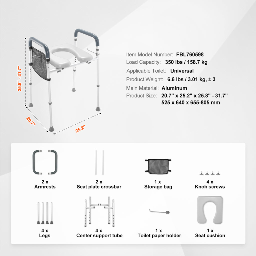 Adjustable 3-IN-1 Raised Toilet Seat with Padded Arms