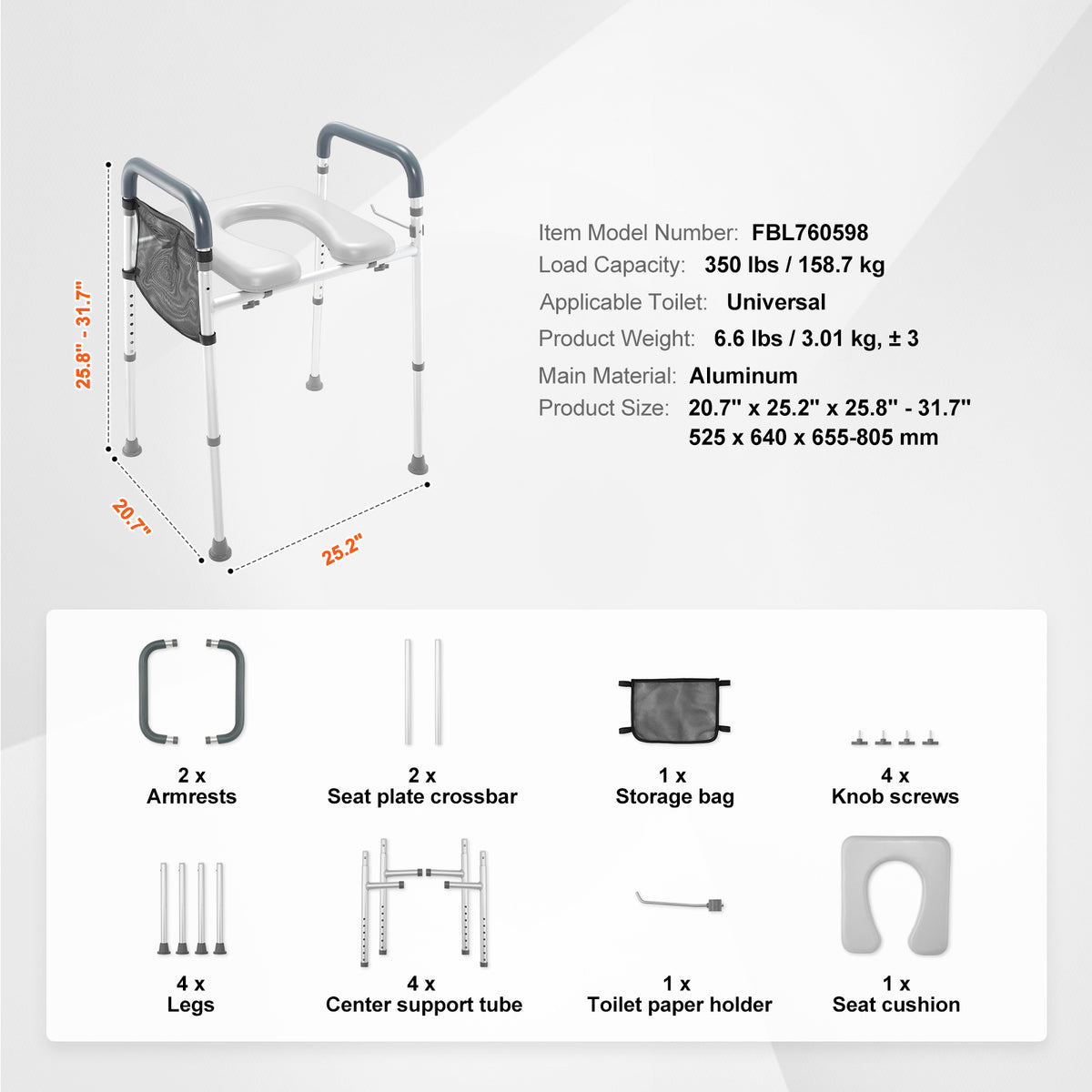 Adjustable 3-IN-1 Raised Toilet Seat with Padded Arms