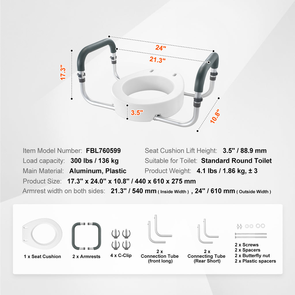 3.5-Inch Lift Raised Toilet Seat with Padded Armrests