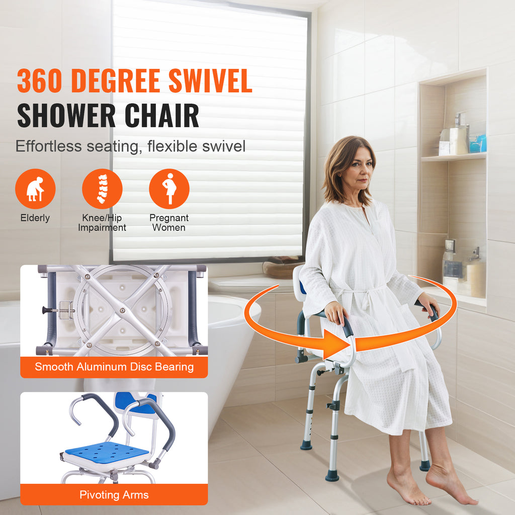 360° Swivel Adjustable Shower Chair with Pivoting Armrests