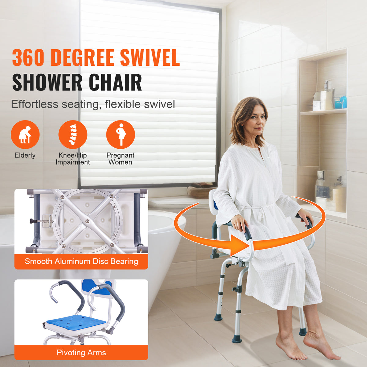 360° Swivel Adjustable Shower Chair with Pivoting Armrests