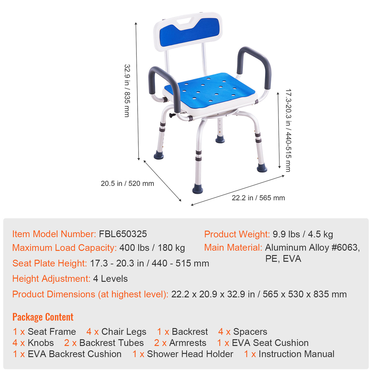 360° Swivel Adjustable Height Shower Chair with Armrests & Backrest