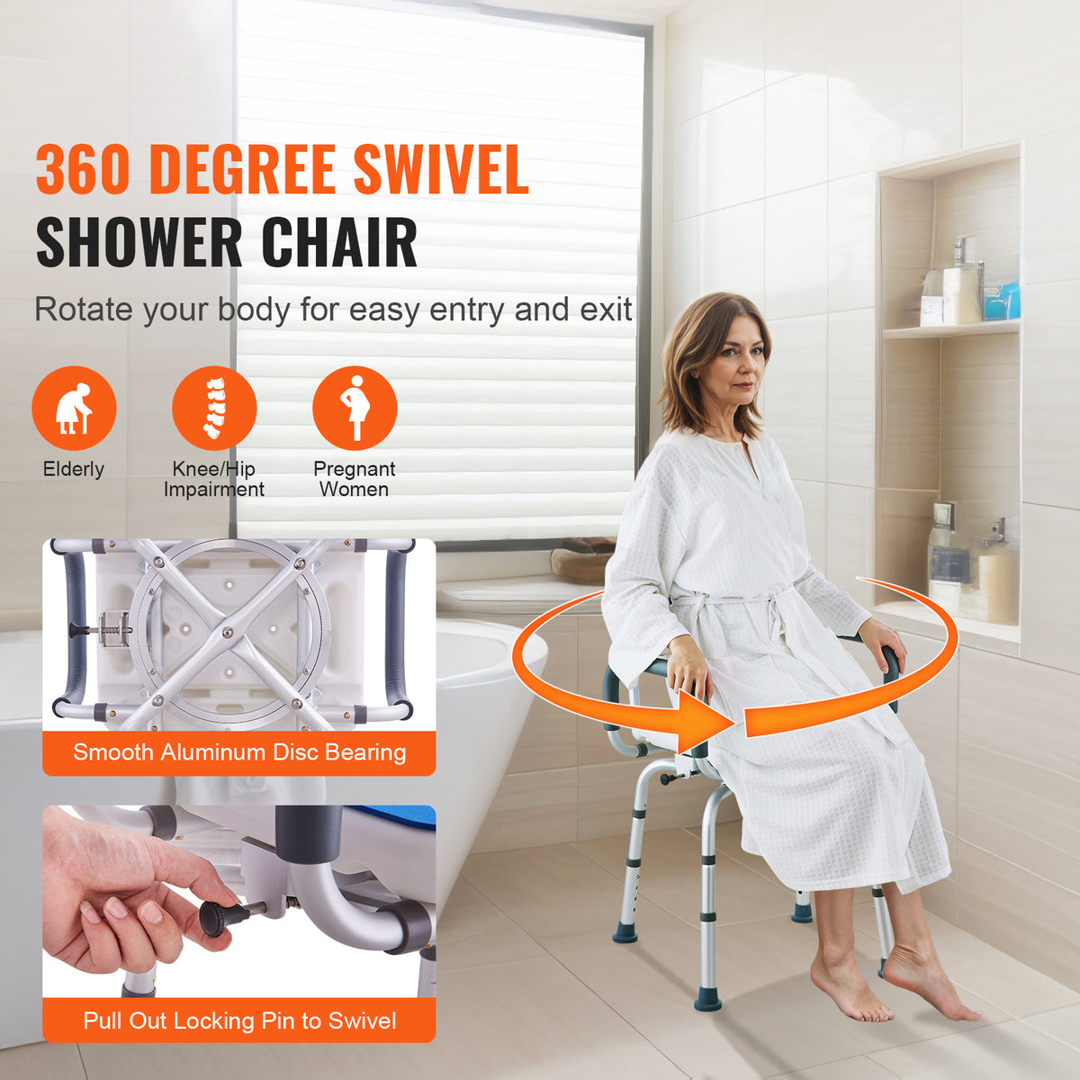 360° Swivel Adjustable Height Shower Chair with Armrests & Backrest
