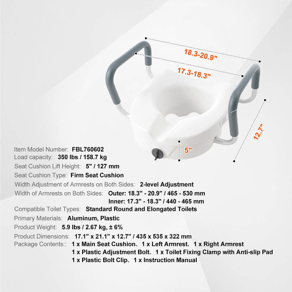5-Inch Raised Toilet Seat with Adjustable Arms