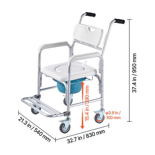 4-in-1 Rolling Bedside Commode Shower Chair with Wheels