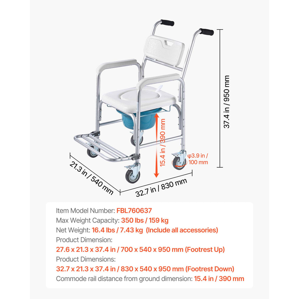 4-in-1 Rolling Bedside Commode Shower Chair with Wheels
