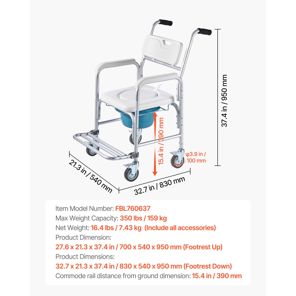 4-in-1 Rolling Bedside Commode Shower Chair with Wheels