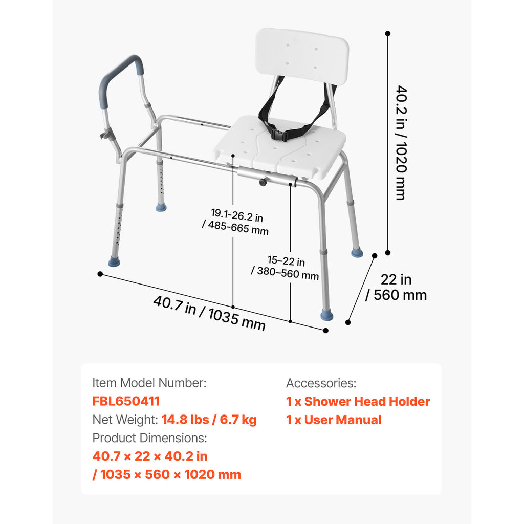 Sliding Tub Transfer Bench with Arms & Backrest