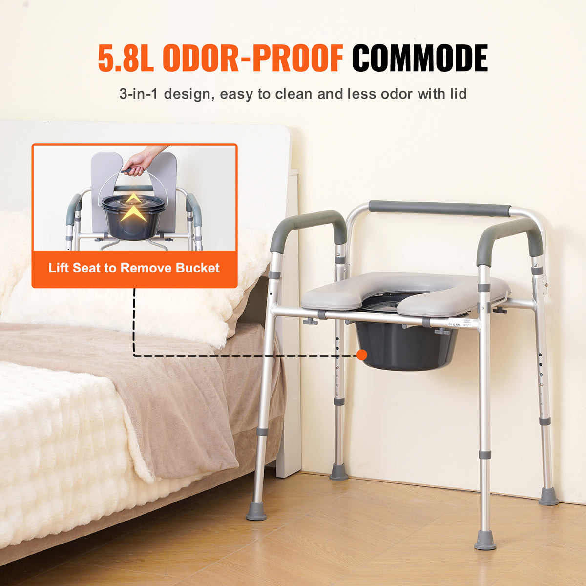 Adjustable Bedside Commode Chair with Padded Seat