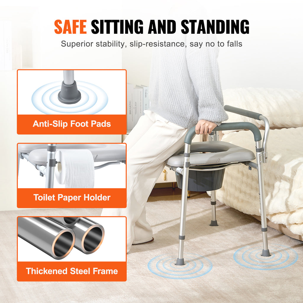 Adjustable Bedside Commode Chair with Padded Seat
