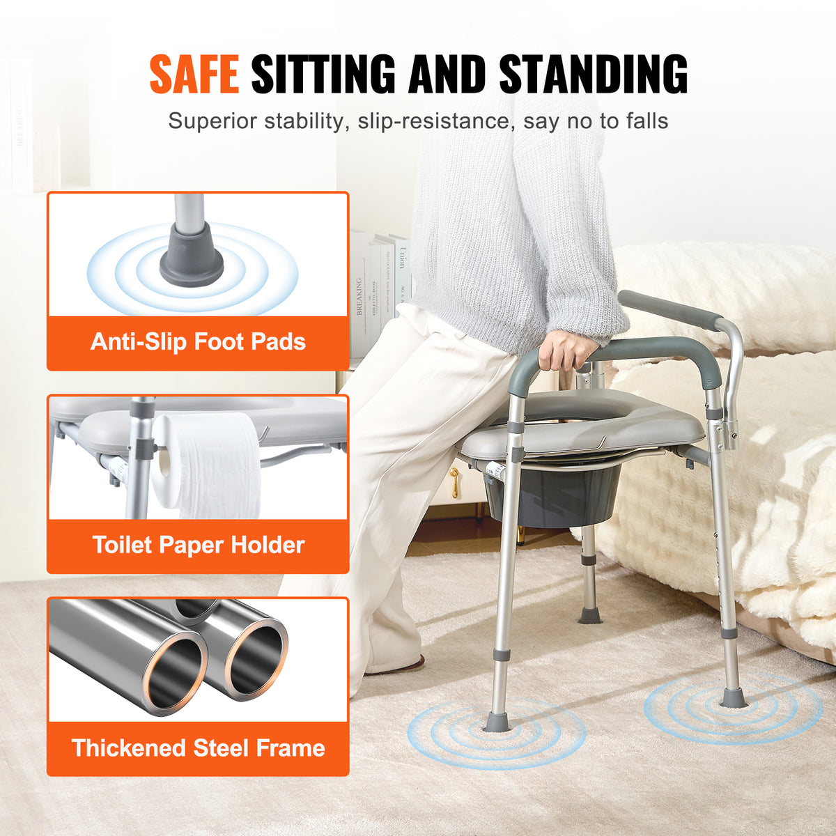 Adjustable Bedside Commode Chair with Padded Seat