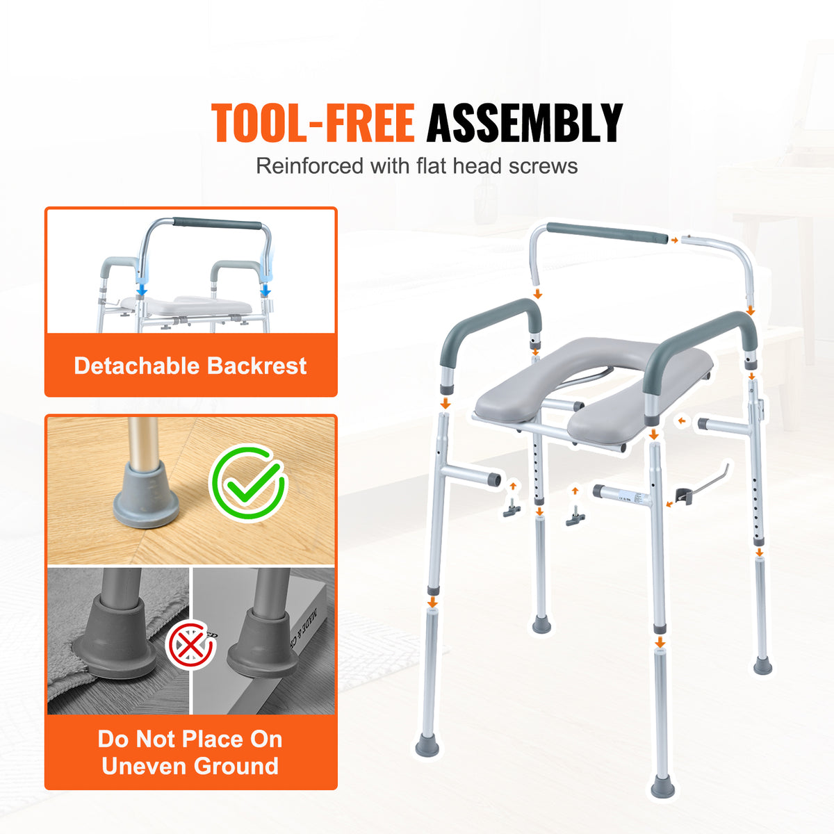 Adjustable Bedside Commode Chair with Padded Seat