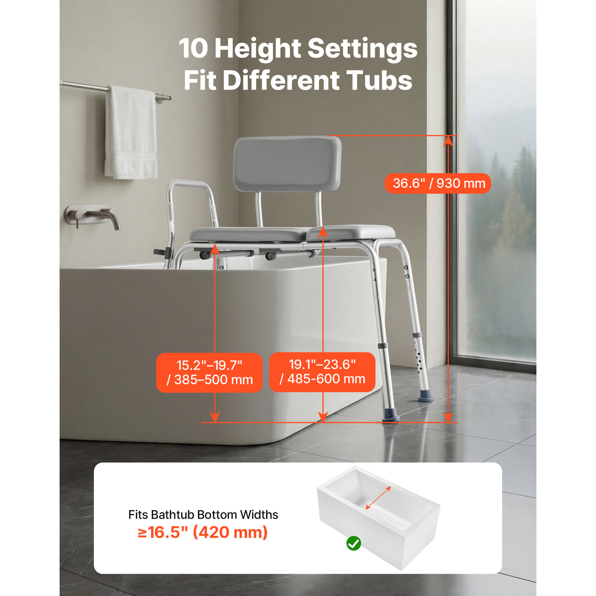 Tub Transfer Bench with Padded Seat & Reversible Backrest