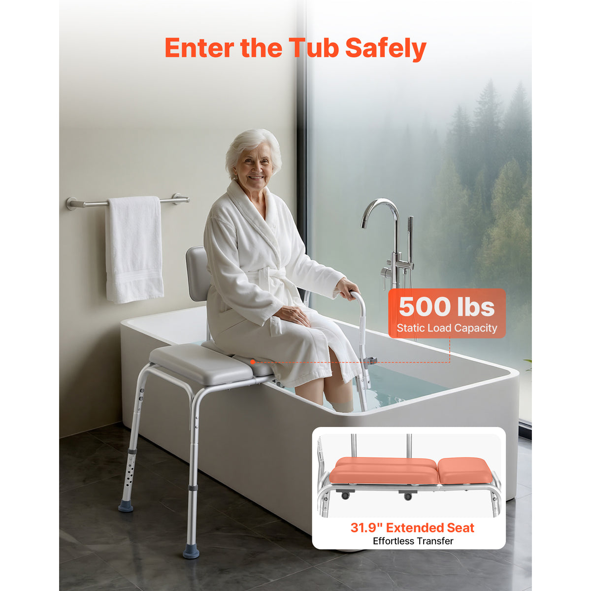 Tub Transfer Bench with Padded Seat & Reversible Backrest