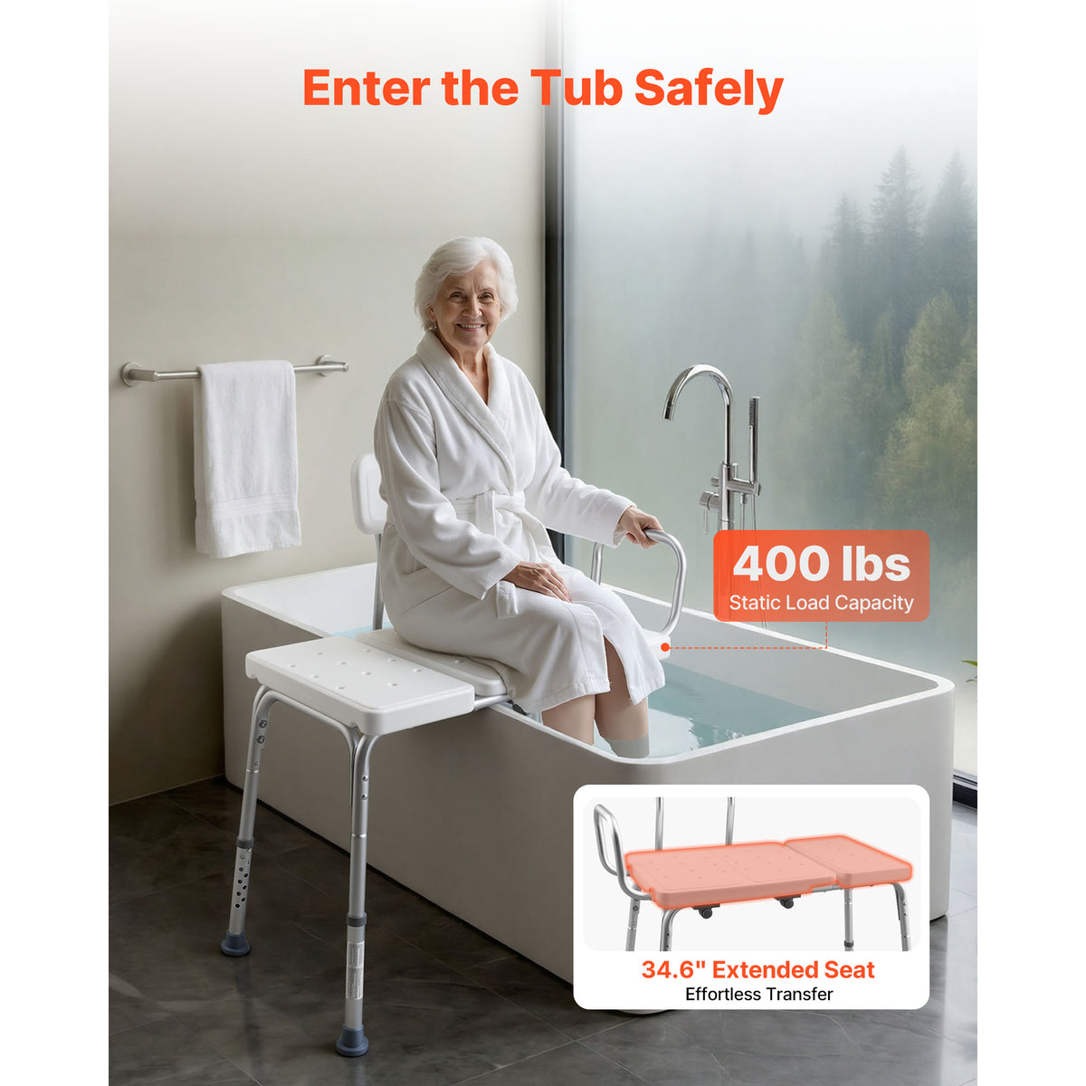 Adjustable Tub Transfer Bench with Arms, Backrest & Curtain Slot