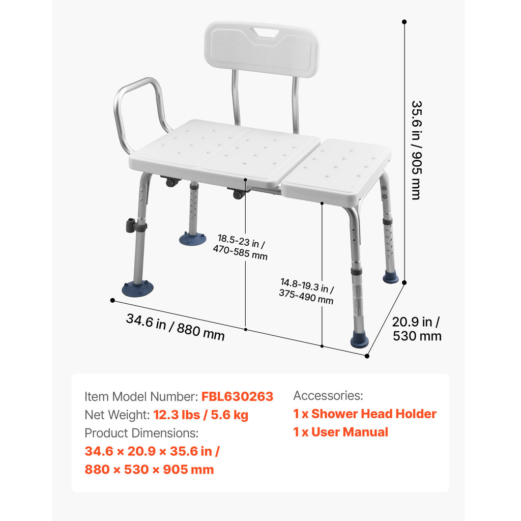 Adjustable Tub Transfer Bench with Arms, Backrest & Curtain Slot