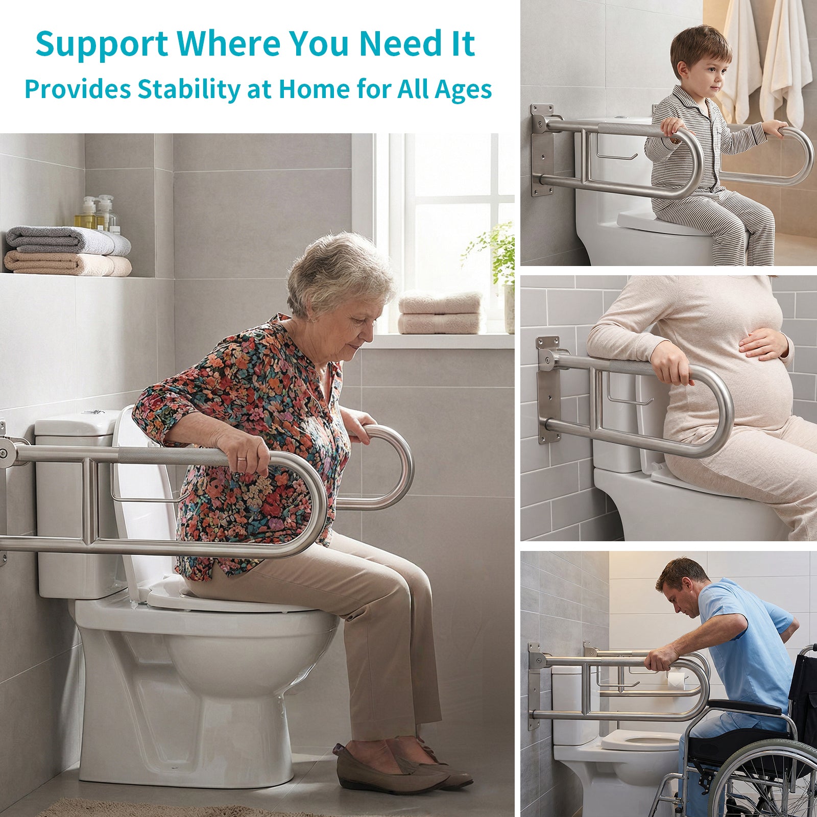 Flip-Up Toilet Grab Bar with Paper Holder, Wall Mounted