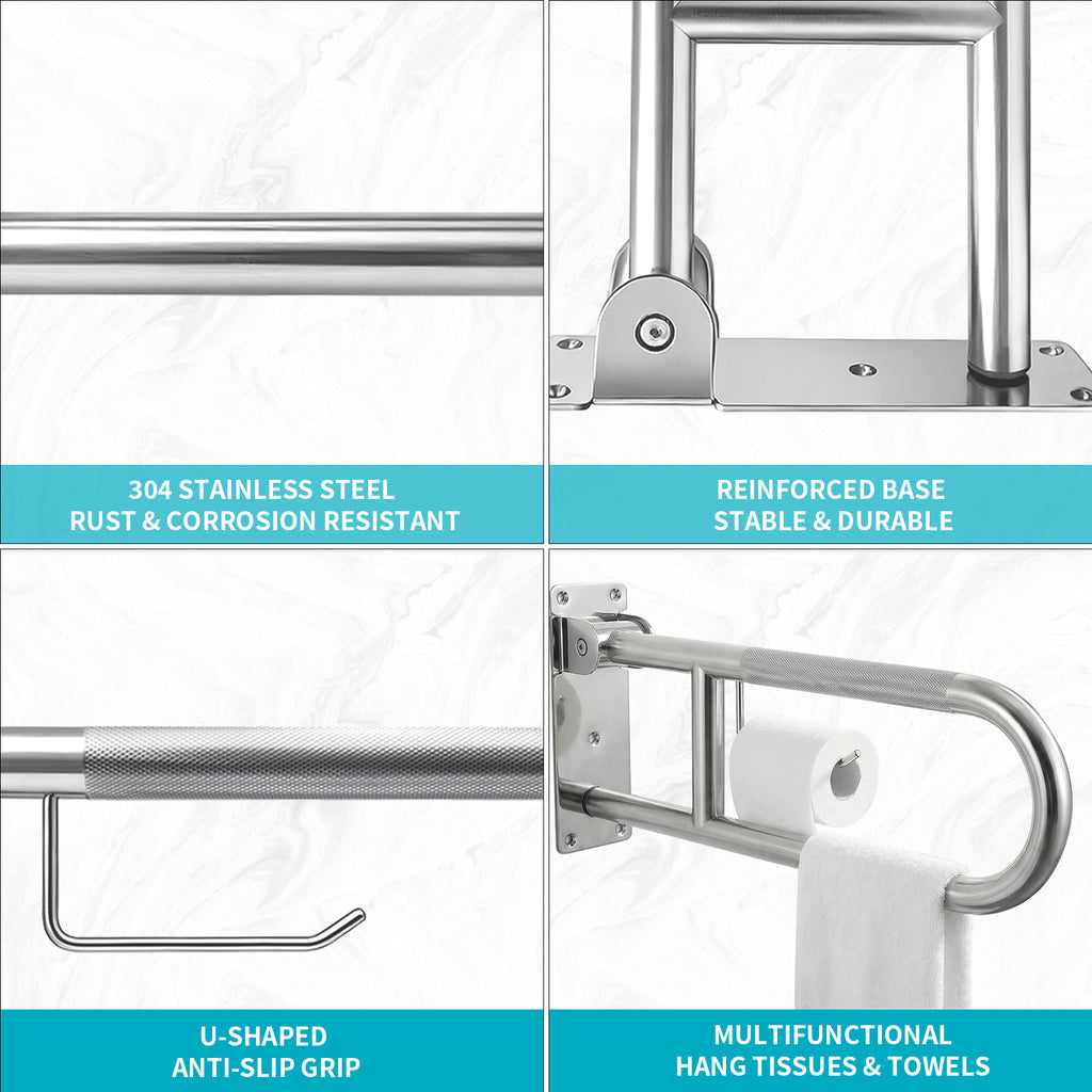 Flip-Up Toilet Grab Bar with Paper Holder, Wall Mounted