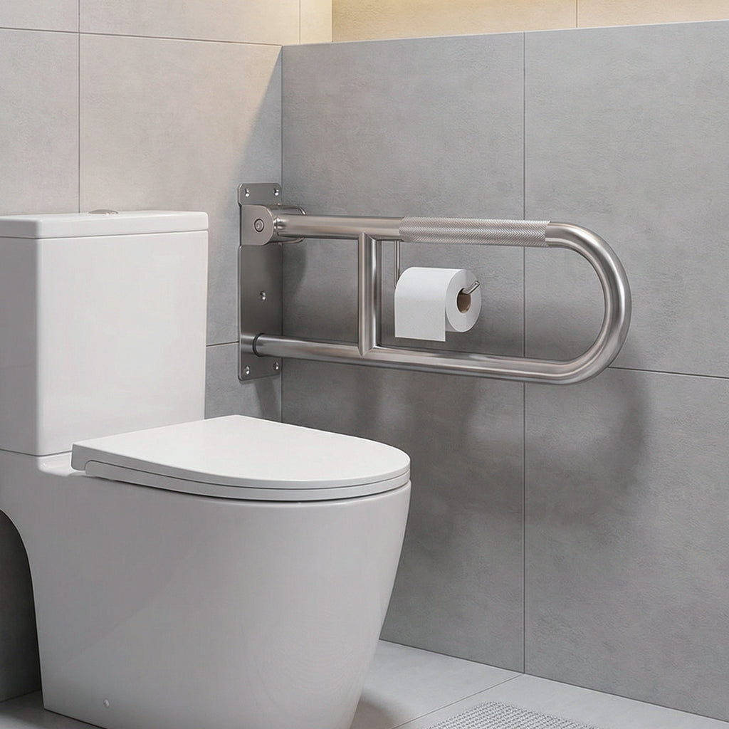 Flip-Up Toilet Grab Bar with Paper Holder, Wall Mounted