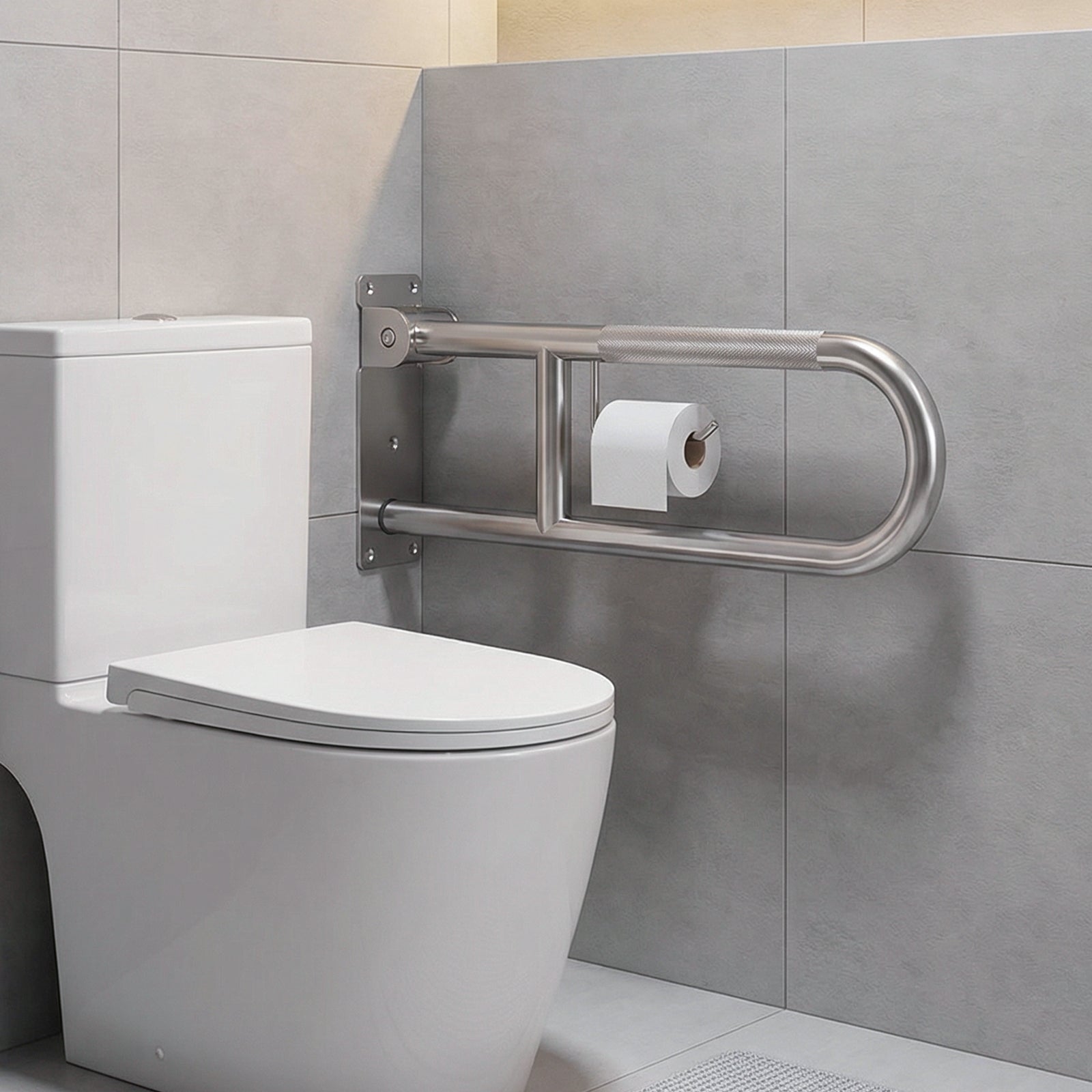 Flip-Up Toilet Grab Bar with Paper Holder, Wall Mounted
