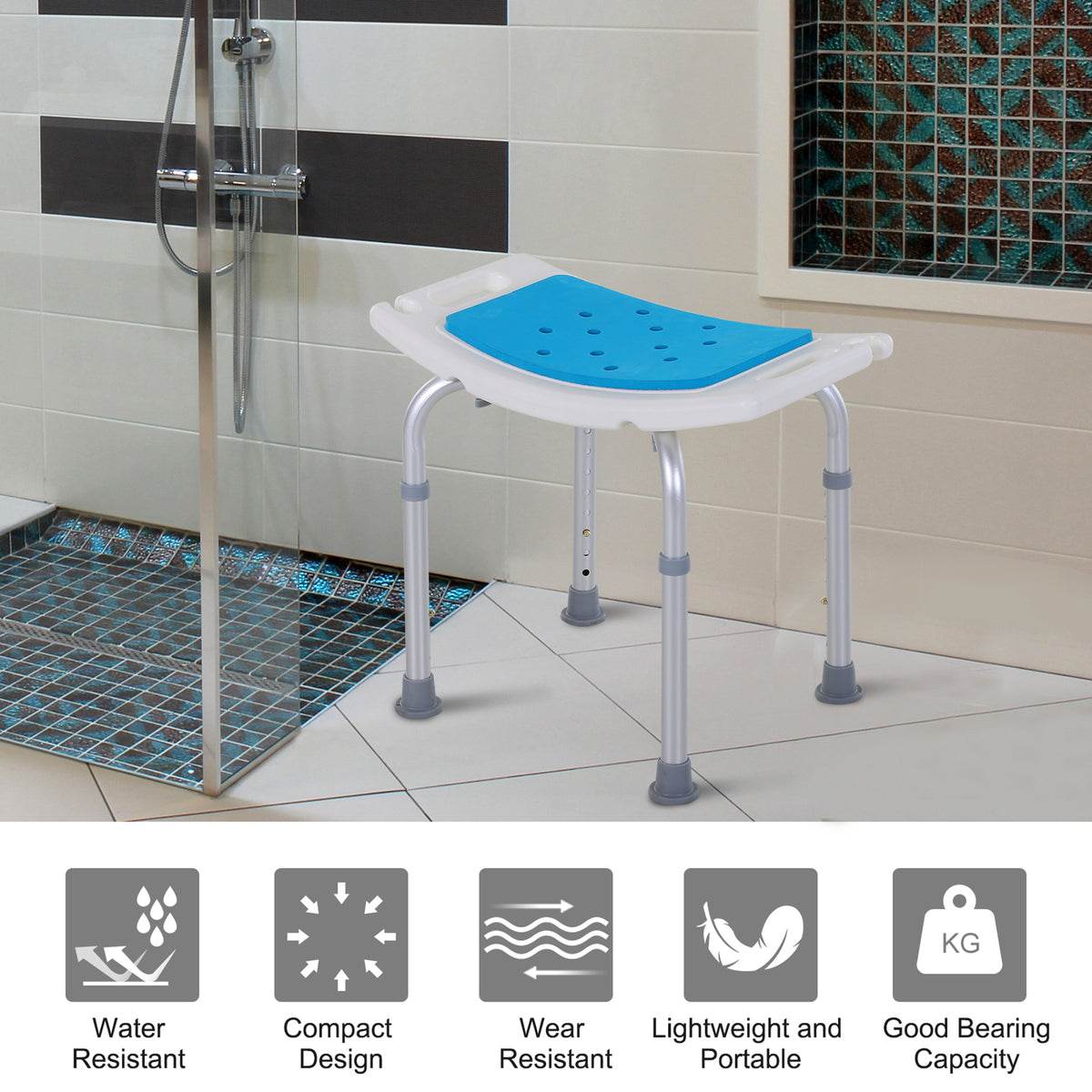 Adjustable Shower Chair with Curved Seat, 6 Height Settings & Non-Slip Feet