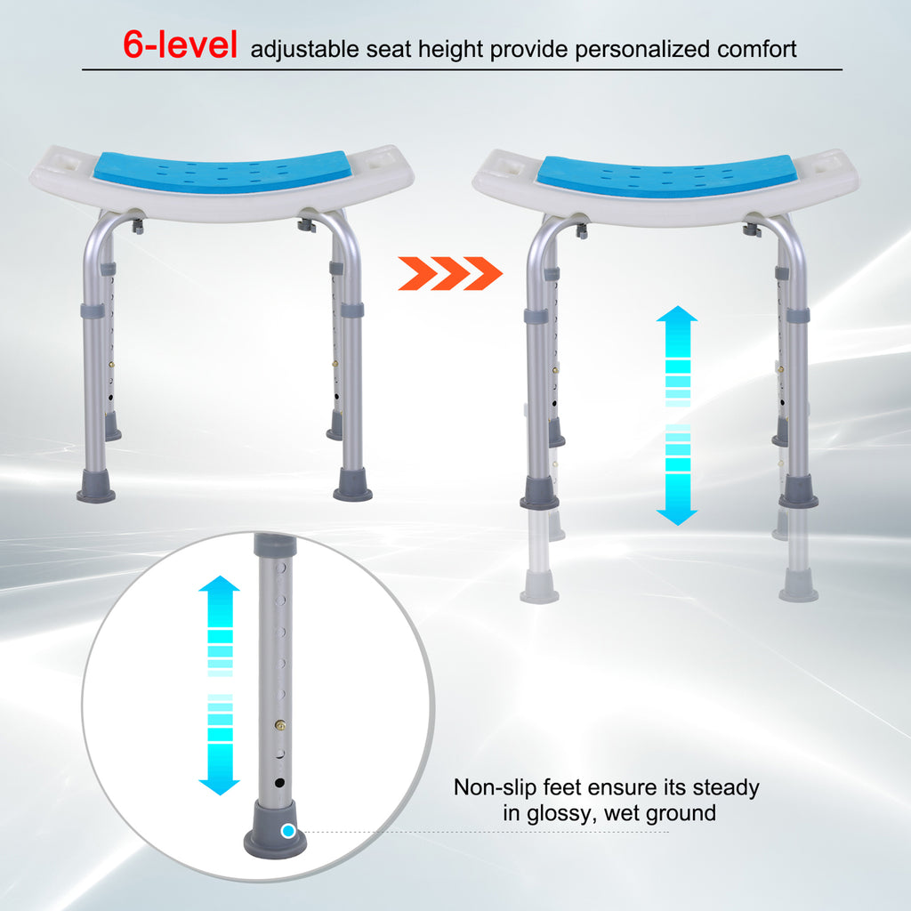 Adjustable Shower Chair with Curved Seat, 6 Height Settings & Non-Slip Feet