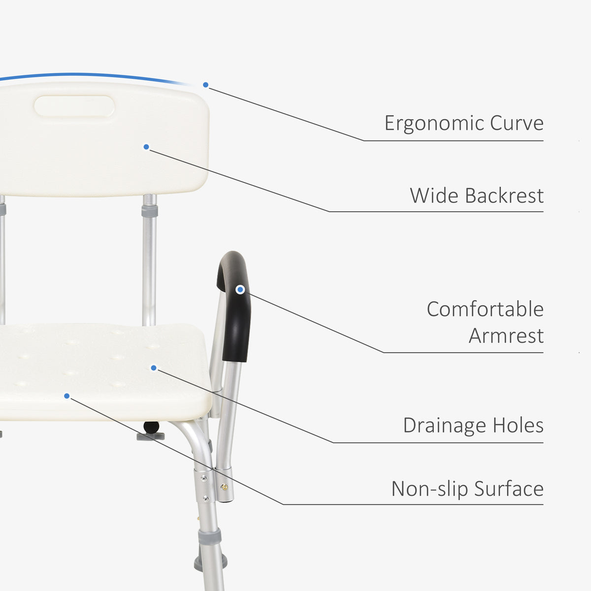 Shower Chair with Removable Arms, Adjustable Aluminum Bath Seat