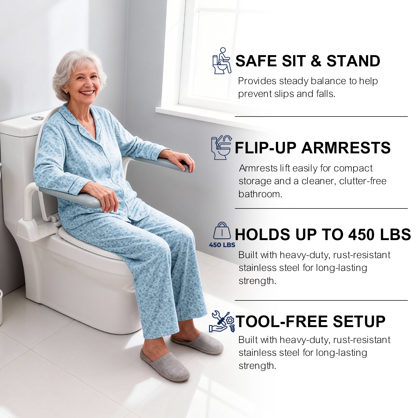 Toilet Safety Rails for Seniors with Flip-Up Armrests